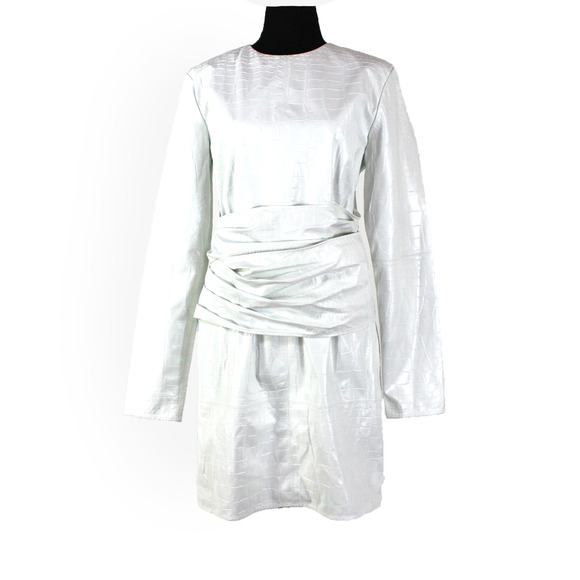 MSGM Abito Faux Leather Dress NEW Croc Embossed Tie Sash Belted White Mini Sz M - Picture 2 of 9